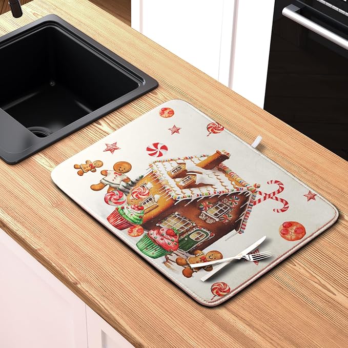 Christmas Gingerbread Man Drying Mat for Kitchen Counter Winter Cute Gingerbread House Candy Cane Cookies Dish Drying Mats Xmas Holiday Dish Drainer Mats Absorbent Reversible Drying Pad 18x24 Inch