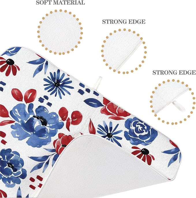 Red Blue Floral Dish Drying Mat 18x24 Inch Vintage 4th of July Drying Mat for Kitchen Counter Absorbent Patriotic Independence Day Memorial Day Flowers Dishes Dry Pad for Drainer Rack Kitchen Fast Dry