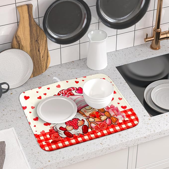 Love Gnome Dish Drying Mat 16"x18" Red Heart Microfiber Dish Drainer Rack Mat Holiday Absorbent Dishes Pad for Kitchen Counter Sink Decor