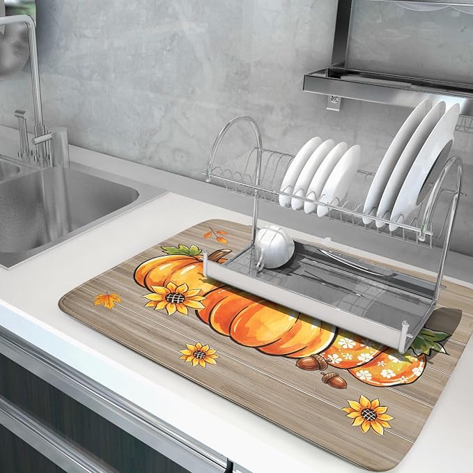 Fall Dish Drying Mat for Kitchen Counter Golden Pumpkin Microfiber Absorbent Dish Draining Reusable Washable Foldable Extra Large 18"x24"