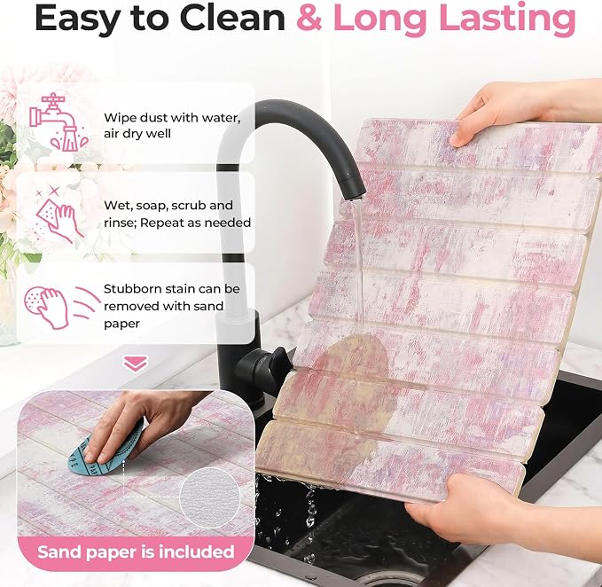 Findosom Large Stone Dish Drying Mat for Kitchen Counter, 23.6" × 15.3" Foldable Non-Slip Stone Drying Mat with Abstract Pattern, Heat Resistant Diatomaceous Earth Mat for Bath, Dishes, Cups, Pink