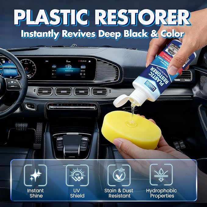 Plastic Restorer Spray for Car Exterior & Interior – 5oz (150ml) Kit with Applicator Sponge – Restores Black Trim, Door Panels, Bumpers & Vinyl Surfaces – Anti-UV, Water-Resistant, No Greasy Residue