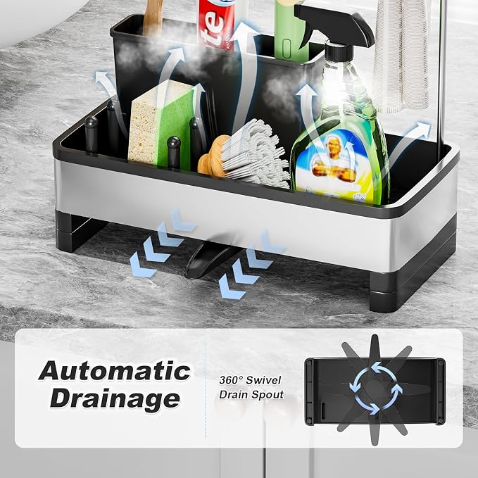Ewaiira Sponge Holder for Kitchen Sink, Stainless Steel Sink Caddy with Brush Holder & Dishcloth Rack, Countertop Sink Organizer, Soap Dispenser Kitchen Organizers Storage Essentials (D-Black 9.8″)