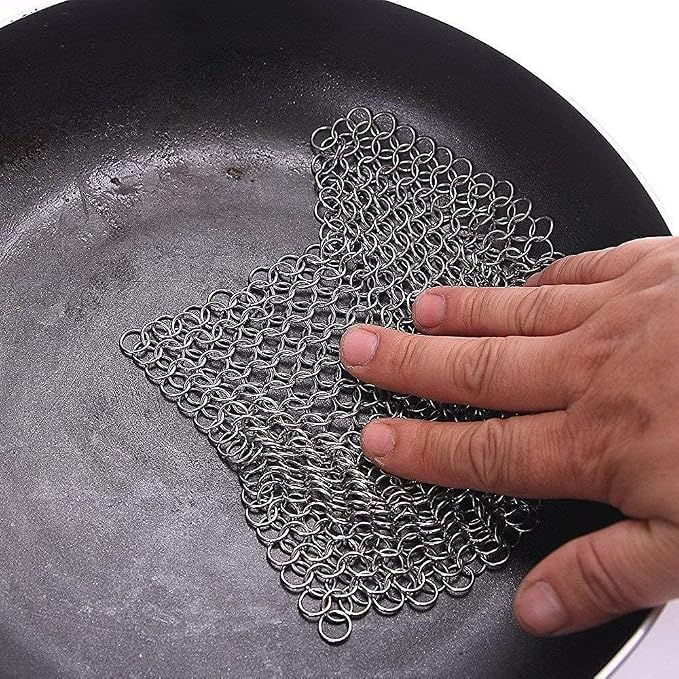 8"x6" Cast Iron Scrubber Stainless Steel Chainmail Cleaner for Pre-Seasoned Pans, Griddles, BBQ Grill and Pot Cookware Cleaning