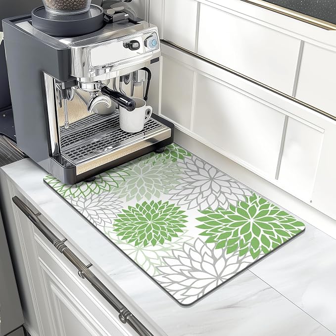 Findosom 2PCS 12" x 20" Dish Drying Mat & 24" x 5.5" Sink Splash Guard, Super Absorbent & Cuttable Dish Mat Drying Kitchen Mat with Green Floral, Hide Stain Drying Mat for Kitchen Counter