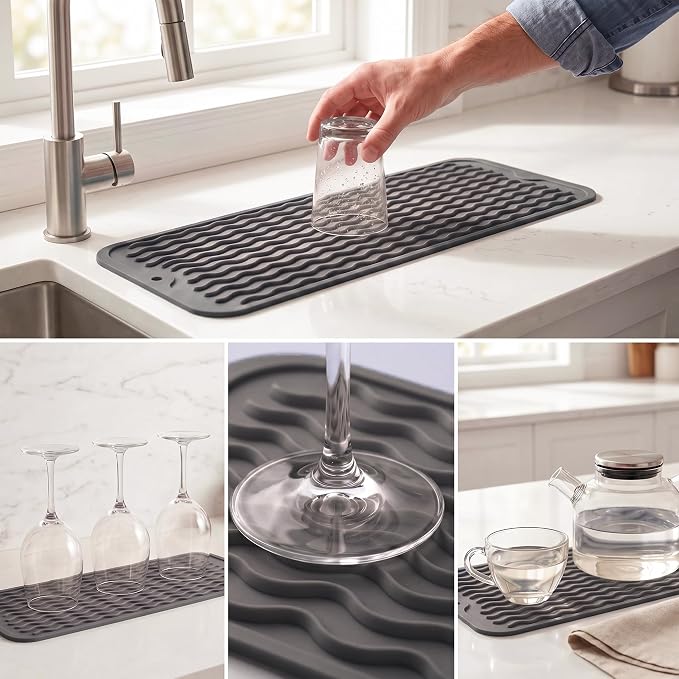 MicoYang Silicone Dish Drying Mat for Multiple Usage,Easy clean,Eco-friendly,Heat-resistant Silicone Mat for Kitchen Counter,Sink,Bar,Bottle,or Cup Grey M 17 inches x 6 inches