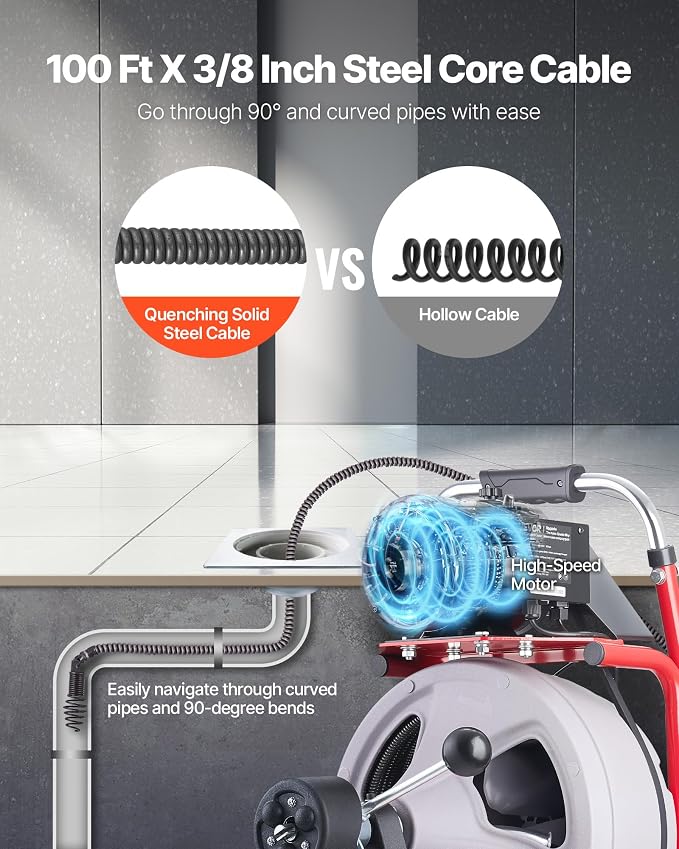 VEVOR Drain Cleaner Machine 100 FT x 3/8 Inch, Auto Feed Sewer Snake Drain Auger on Wheels, Portable Drain Cleaning Machine with 8 Cutters & Air-Activated Foot Switch for 2" to 4" Pipes