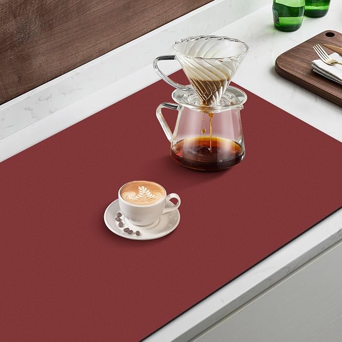 WISELIFE Coffee Mat Super Absorbent Dish Drying Mat Coffee Bar Accessories Match with Machine Large Drying Mats for Kitchen Counter 17" W x 30" L, Red