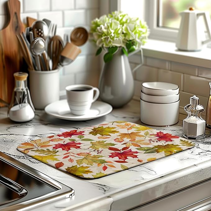 Fall Drying Mat for Kitchen Counter 16 x 18 Inch Maple Leaves Autumn Thanksgiving Harvest Dish Drying Mats Absorbent Microfiber Dish Draining Washable Reversible Dishes Pad
