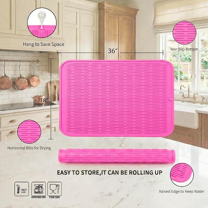 MicoYang Silicone Dish Drying Mat for Multiple Usage,Easy clean,Eco-friendly,Heat-resistant Silicone Mat for Kitchen Counter or Sink,Refrigerator or Drawer Liner Rose 5XL 36inches x 18inches