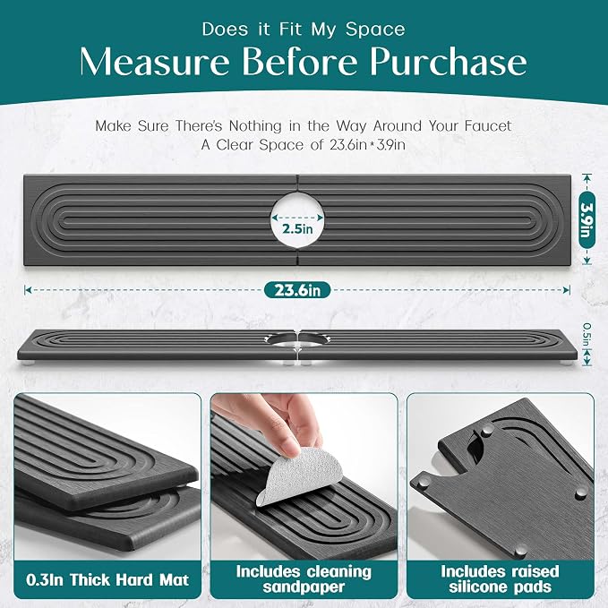 Faucet Splash Guard for Kitchen Sink, Kitchen Sink Faucet Mat with Raised Feet, Durable Drying Matt Kitchen Counter Stone, Water Absorbent Diatomite Drying Mat (Dark Grey, 23.6" x 3.9")