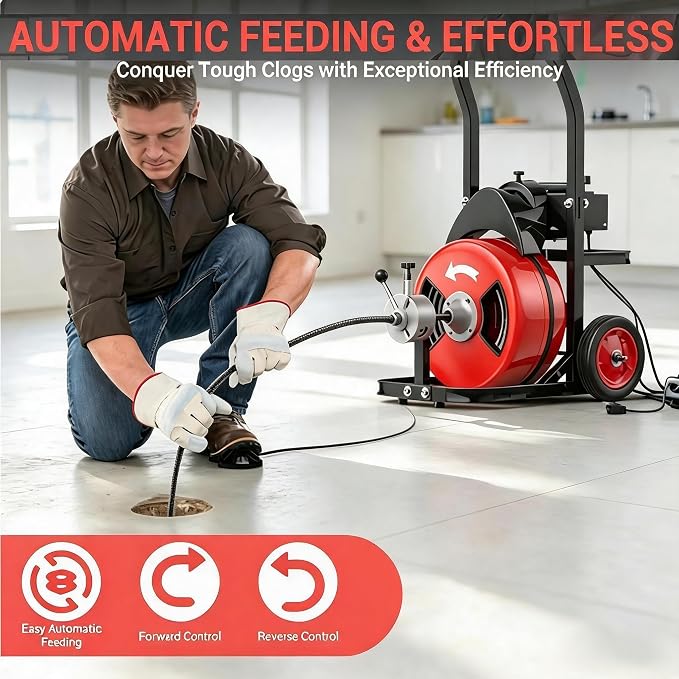 100Ft 3/4 Inch Drain Cleaning Machine. Sewer Snake 750w Auto Feed with 6 Cutter, Portable Drain Cleaning Machine Electric Drain Auger Sewer Auger Air-Activated Foot Switch for 4" to 8" Pipes