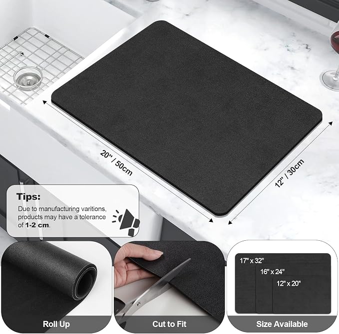 Findosom Dish Drying Mat, 12"x 20" Super Absorbent & Hide Stain Coffee Mat, Cuttable Drying Mat for Kitchen Counter, Coffee Bar Accessories, Under Dish Rack, Coffee Maker, Espresso Machine, Black-2