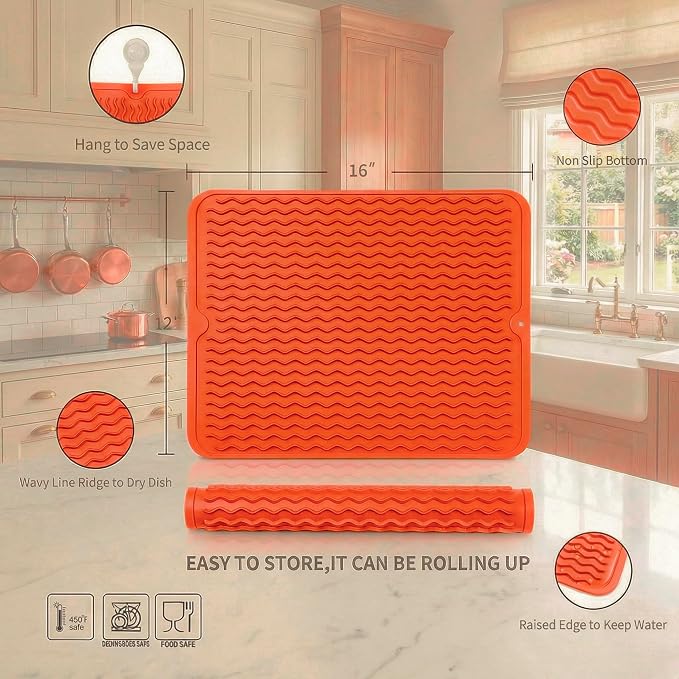 MicoYang Silicone Dish Drying Mat — Quick-Dry Ridges Counter & Sink Pad, Heat-Resistant Trivet to 450°F, Non-Slip & Dishwasher Safe, Roll-Up Storage, 18 Colors & 9 Sizes (Orange, 16"×12")
