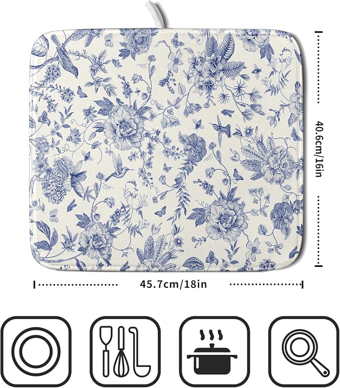 Giwawa Chinoiserie Flower Dish Drying Mat Blue Leaves Dishes Drying Pad Reusable Washable Kitchen Countertop Protector Dish Drainer Mat 16x18 Inch
