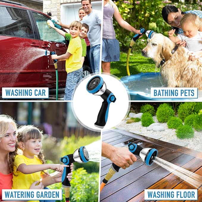 BIBURY Garden Hose Nozzle, Heavy Duty Zinc Alloy Water Hose Sprayer with 10 Patterns & Thumb Control, Leak-Proof High Pressure Hose Attachment for Watering Plants, Car Wash and Showering Pets (Blue)