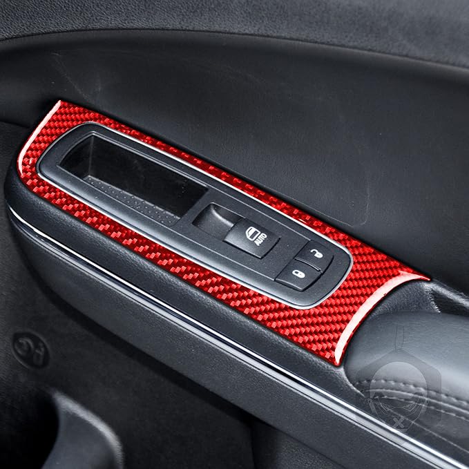 Door Control Panel Fit for Dodge Charger/Chrysler 300 2011-2023 | Real Carbon Fiber | Accessories | Trim Door Control Surround Cover Stickers | Thick Overlay | Self-adhesive | Red