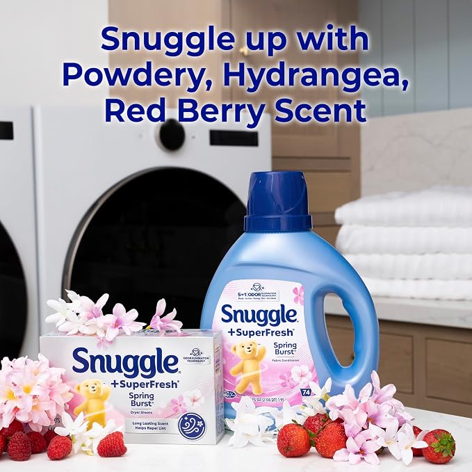 Snuggle SuperFresh Dryer Sheets, 200 Count, Spring Burst | Long-Lasting Fresh Clean Scent, Odor-Eliminating formula, Softens, Reduces Static and Wrinkles, Repels Lint & Pet Hair.