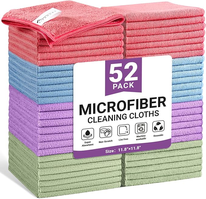 SIFANGKE Microfiber Cleaning Cloth, 52 Pack Assorted Color Cleaning Rags for Housekeeping, Colorful Reusable Microfiber Towels for Car, Kitchen, Bathroom and Household Cleaning Supplies, 11.8"X11.8"