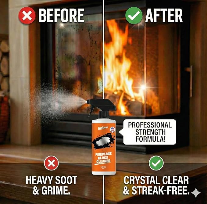 Fireplace Glass Cleaner 16 oz | Made in the USA | Removes Tough Stains | Heavy Duty Soot, Creosote & Smoke Stain Remover – Fast-Acting, Streak-Free Formula for Wood, Pellet & Coal Stoves