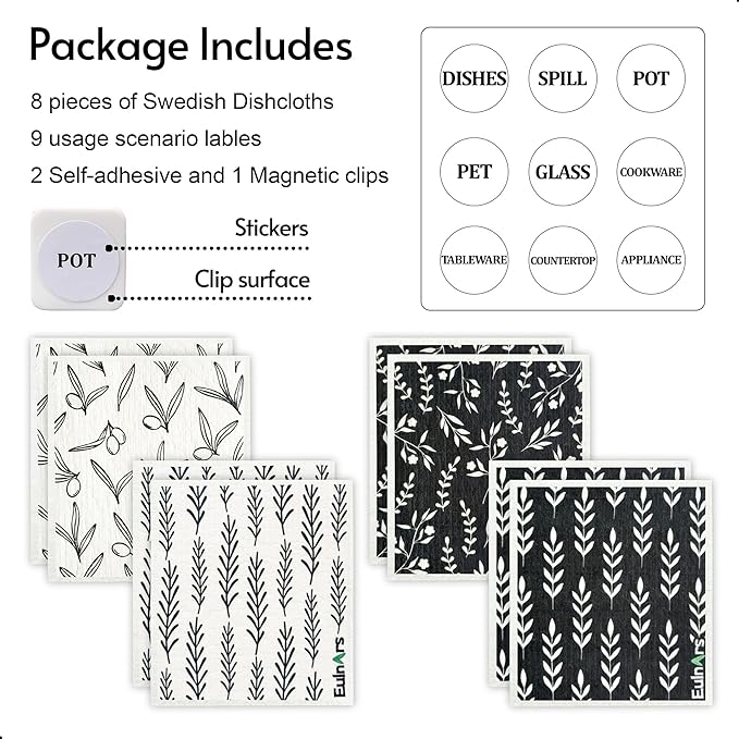 Eulnars Swedish Dishcloths for Kitchen, 8 Pack Flower Reusable Paper Towels Washable, Non-Scratch Swedish Kitchen Towels, Super Absorbent Cellulose Dish Cloths, Eco Friendly