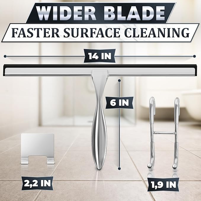 Shower Door Squeegee with Hook, 14" Silicone Blade, Steel (Silver) | Squeegee for Shower Glass with Adhesive Mount; All-Purpose Bathroom Tile, Mirror, & Window Wiper for Streak-Free Cleaning