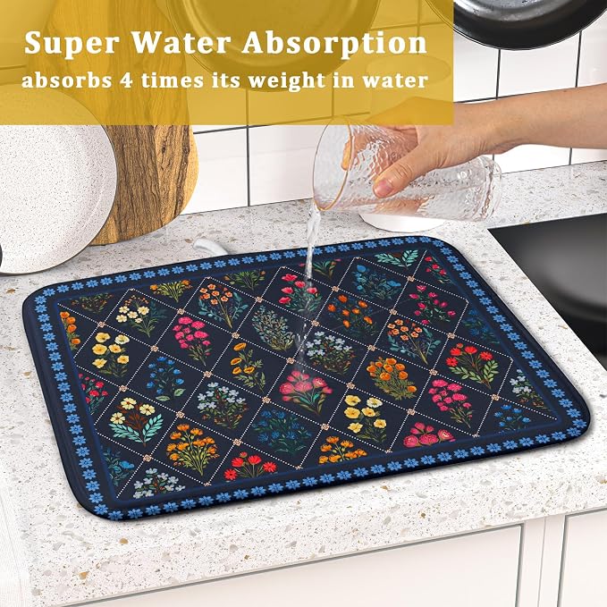 Lapis Blue Dish Drying Mat for Kitchen Counter Flowers Microfiber Absorbent Dish Draining Reusable Washable Small