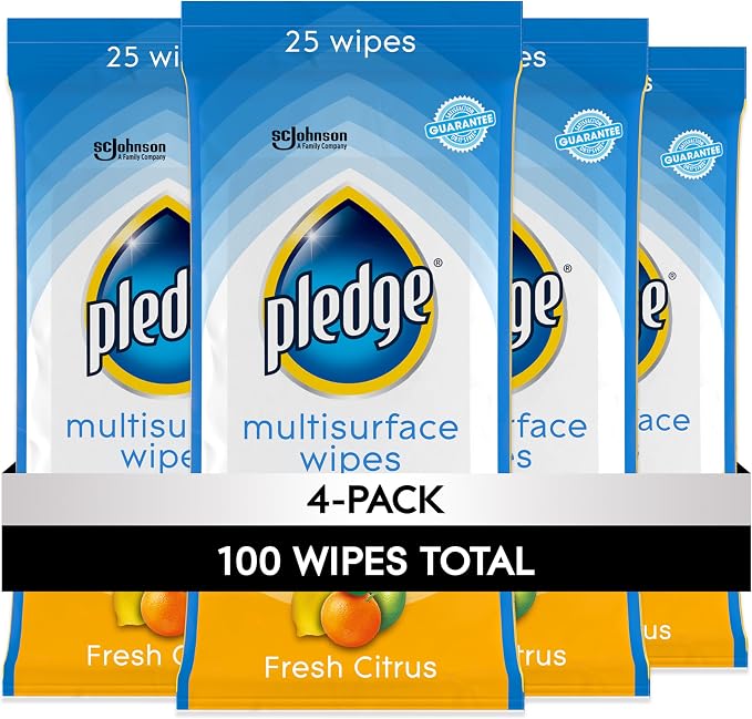 Pledge Multisurface Cleaning Wipes, pH Balanced, Fresh Citrus, 25 Count (Pack of 4, 100 Total Wipes)