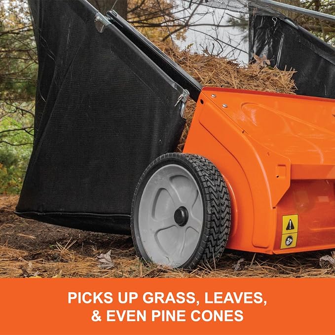Agri-Fab 44 In Tow-Behind Lawn Sweeper with 28 Cu Ft Flow-Through Hopper Bag, Adjustable Brush Height, and Dump From Seat Handle
