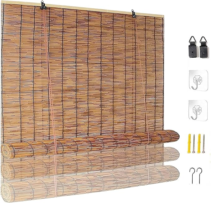 Bamboo Blinds Outdoor, Breathable Bamboo Roller Shades for Outside Patio, 36" 48" 60" 64" 72" 78" Width Privacy Sun Shade, Cordless Bamboo Roll Up Shades for Porch Backyard(56" W x 48" H)