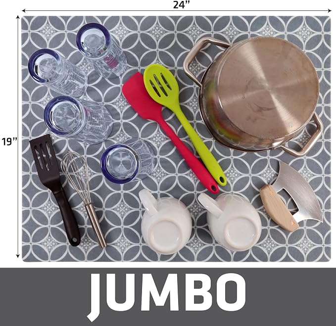 Drymate Jumbo XL Dish Drying Mat (19”x24”), Low-Profile, Super Absorbent, Quick Dry Fabric, Waterproof & Slip-Resistant, for Kitchen Counter, Trimmable, Easy to Clean (USA Made)(Indigo Grey)