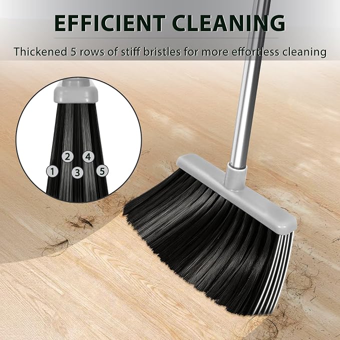 YZO Broom and Dustpan Set, 54.33 Inch Long Handle Standing Design, Dustpan Front Rubber Tight Seal, Broom with 5 Layer Bristles, Suitable for Bedroom, Yard, Office and Apartment(Gray&Black)