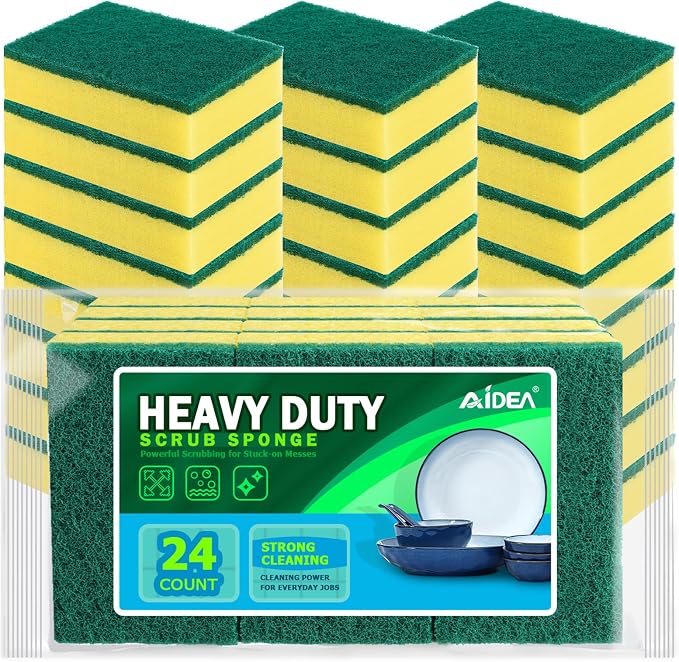 AIDEA Sponges Kitchen, 24 Pack Heavy Duty Dish Sponge, Cleaning Dish Scrubber Sponge for Home and Kitchen, Stink-Free Cleaning Supplies for Pots, Pans