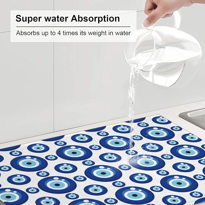 Blue Evil Eyes Microfiber Dish Drying Mat for Kitchen Counter 18"x24" Funny Dishes Pad Dish Drainer Rack Mats Absorbent Washable Reusable