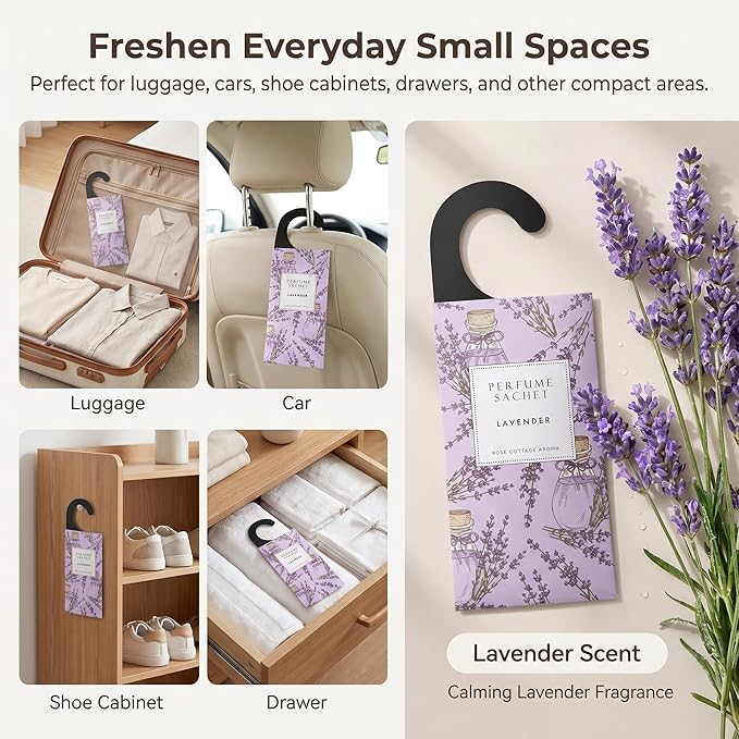 Large 12 Packs Lavender Hanging Scented Sachets Long-Lasting Closet Deodorizer Air Freshener Fabric Refresher Odor Eliminator for Drawer Home Fragrance Gift Set