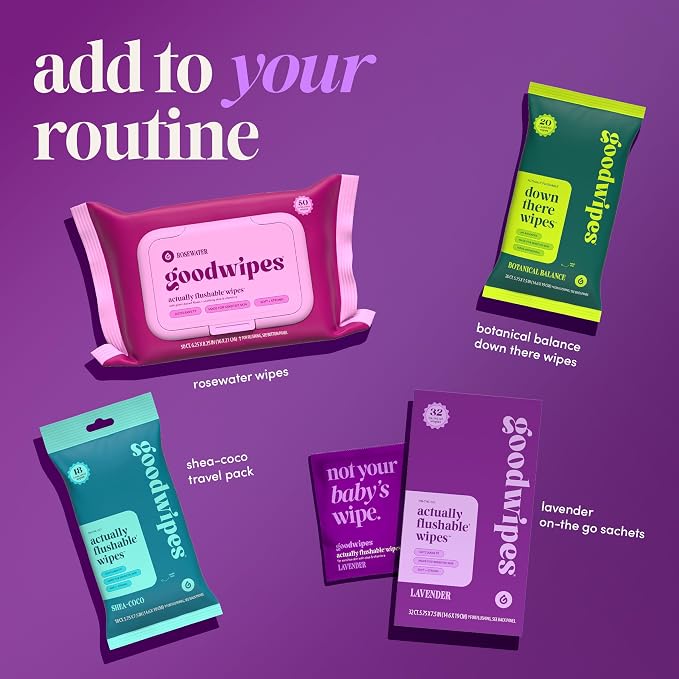 goodwipes Flushable Wipes for Women - Lavender Individually Wrapped Travel Butt Wipes To Go, Mini Purse & Festival Essentials for Adults, pH Balanced for Feminine Hygiene, 32 Count (1 Pack)