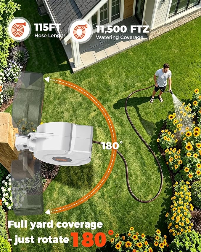 5/8 in 115ft Retractable Garden Hose Reel with Auto Rewind Any Length Lock Heavy Duty Hose Reel,9-Pattern Nozzle,180°Swivel,UV Resistant Wall Mount Water Hose Reel for Outdoor Garden Car Pet Patio
