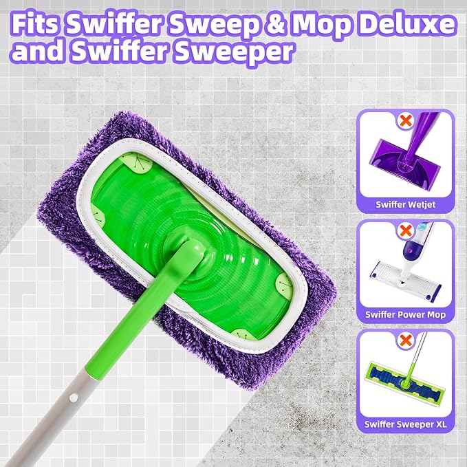 Reusable Mop Pads Compatible with Swiffer Sweeper Mop, Microfiber Wet Pads Refill & Machine Washable Dry Sweeping Cloths for Use on All Sealed Floors - Stone, Hardwood, Laminate & Tile (6 Purple)