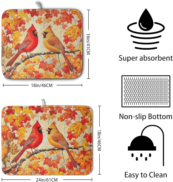 Fall Dish Drying Mats for Kitchen Counter Maple Leaf Cardinal Birds Dish Draining Mat 16x18 Inch Autumn Thanksgiving Dish Rack Mat Microfiber Absorbent Dish Drainer Pad