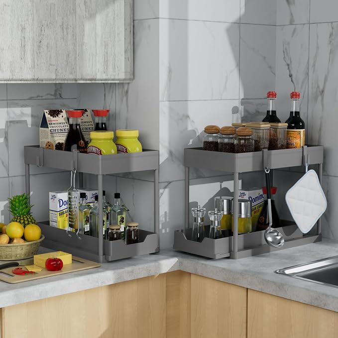 DEKAVA Under Sink Organizer 2 Pack，Bathroom Cabinet Organizer，2 Tier Sliding Cabinet Basket Organizer Drawer, Multi-Purpose Bath Collection Baskets for Bathroom (Grey)