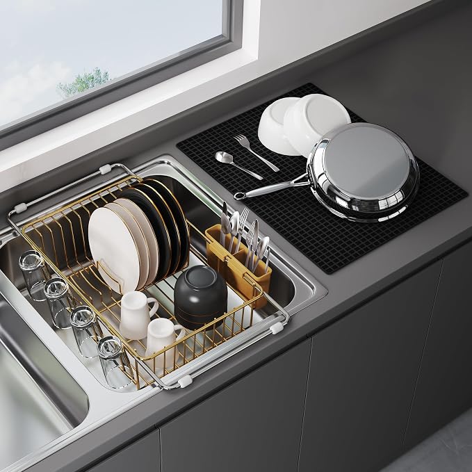 JASIWAY Gold Dish Drying Rack in Sink with Mat, Expandable Stainless Steel Dish Drainers for Kitchen Counter, Space Saving Dish Dryer for Inside Sink, Over Sink Dish Racks with Utensil Holder