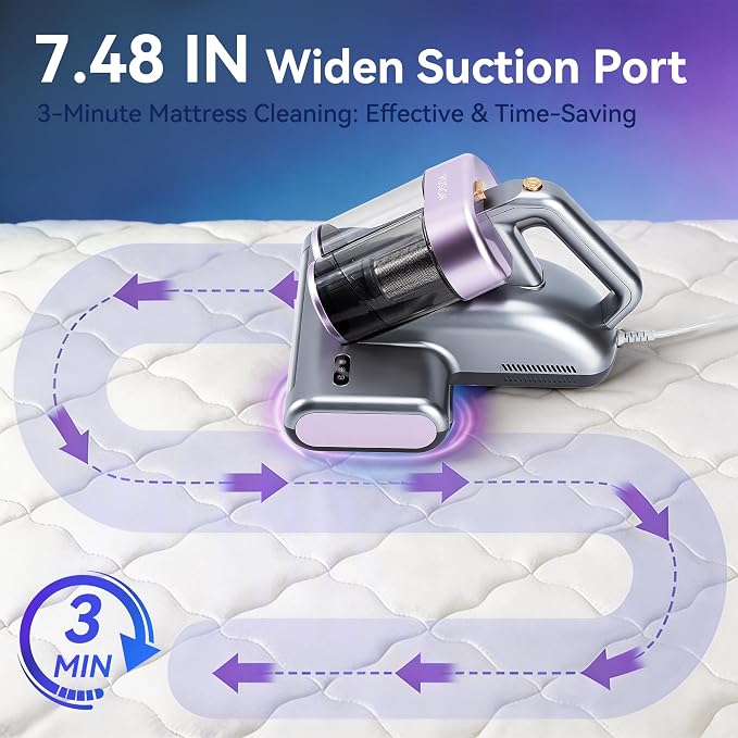 VUSIGN Mattress Vacuum Cleaner, 16Kpa Bed Vacuum Cleaner with 253.7nm UV-C Light, 140°F Heat, 40000RPM, HEPA Filter & Ultrasonic, Double-Cup Handheld Vacuums for Bed, Sofa, Couch, Crib(Corded, 500W)