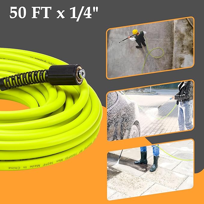 M MINGLE Pressure Washer Hose 50FT x 1/4", Stainless Steel M22 14mm Adapter | Replacement Power Wash Hose with 3/8" Quick Connect Kits, Kink Resistant, Ideal for Car, Driveway & Patio Cleaning, 3600 PSI