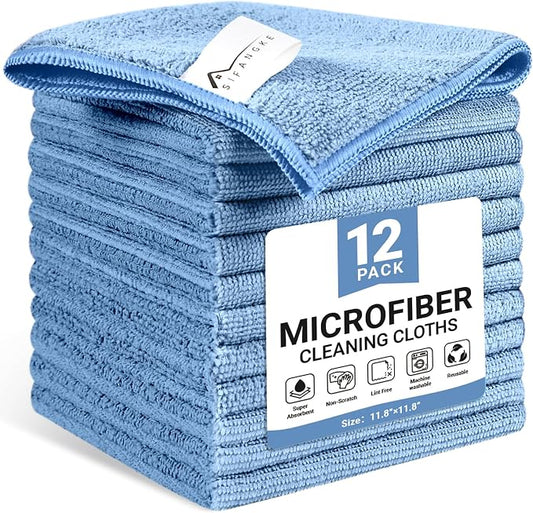 SIFANGKE Microfiber Cleaning Cloth, 12 Pack Blue Cleaning Rags for Housekeeping, Reusable Microfiber Towels for Car, Kitchen, Bathroom and Household Cleaning Supplies, 11.8"X11.8"