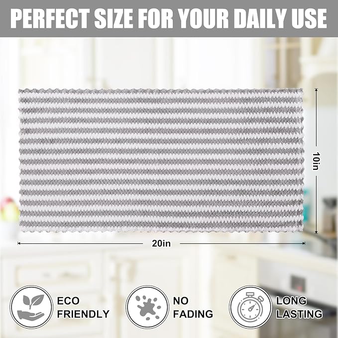 Homaxy Kitchen Towels(12 Pack, 10 x 20 inches), Ultra Soft and Absorbent Dish Towels, Reusable Fast Drying Microfiber Cleaning Cloth, Coral Velvet Wave Design No-lint, Grey