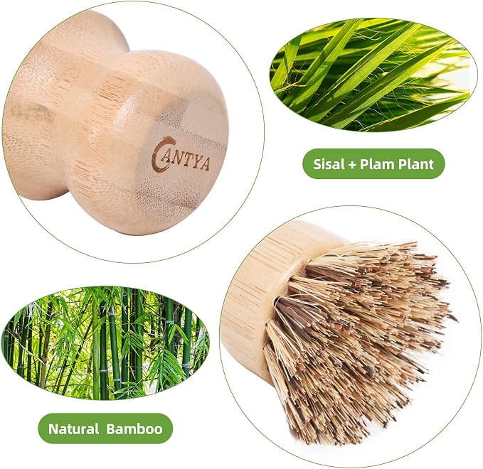 6 Packs Bamboo Dish Scrubber - Hard Bristle Natural Bristle Brush Union Fiber and Tampico Fiber Bamboo Dish Brush for Washing Cast Iron Pan/Pot