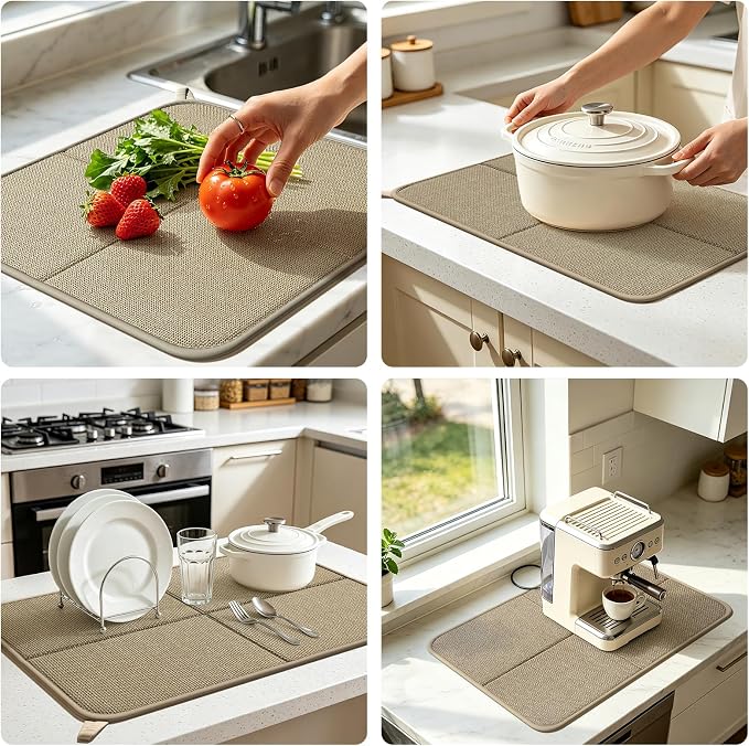 YDKGL Dish Drying Mat for Kitchen Counter, Ultra Absorbent & Fast Drying Dish Mat Machine Washable Foldable Drying Pad for Countertops, Sinks, Draining Racks, Brown