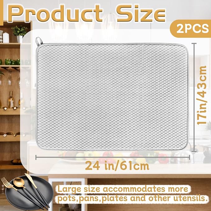 2 Pack Microfiber Dish Drying Mat,24x17" Large Size Highly Absorbent Dish Drainer Mat,Kitchen Counter Quick Dry Pads for Under Sink,Coffee Rack(Gray)