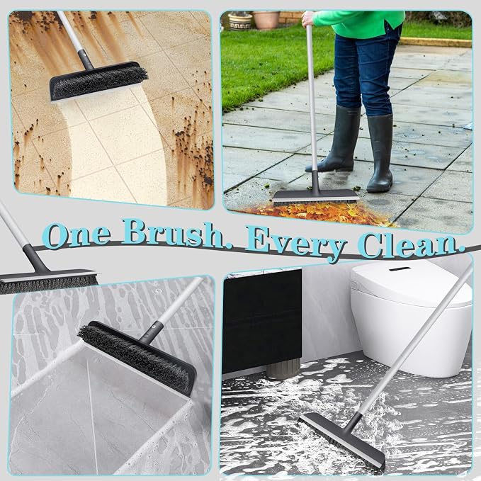 AONEZ Floor Scrub Brush with Long Handle - Adjustable Handle 2 in 1 Scrape and Heavy-Duty Stiff Bristle Floor Scrubber Brush for Cleaning Bathroom, Kitchen Patio Tile Garage and Deck