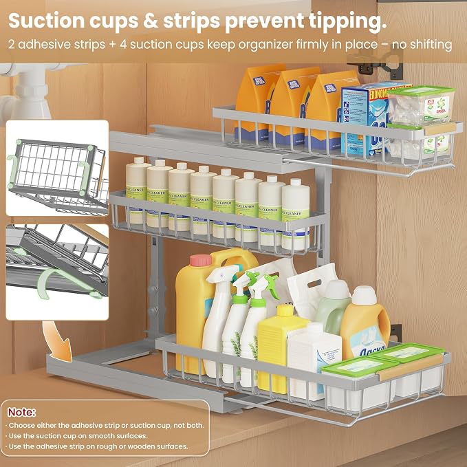 Under Sink Organizer and Storage - 3 Tier Cabinet Pull Out Shelf Organizers | 2 Pack 3 Tier under sink storage for Bathroom and Kitchen Slide Out Drawer Organization for Home Cabinets Shelves and Drawers